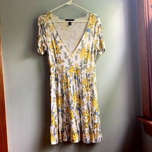 White with  yellow and blue floral forever 21 dress v neck low cut large